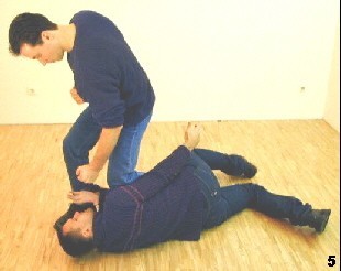 Der Gegner fällt zu Boden - Sifu Dragos kontrolliert ihn mittels Fallknie und führt abschließende Schläge aus.
